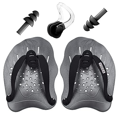 Image of Vsidea Swim Training Hand Paddles with Ear Plugs and Nose Clip, Adjustable Straps Contour Swimming Paddles for Women Men and Children Professional Swimming Accessories (Silver)