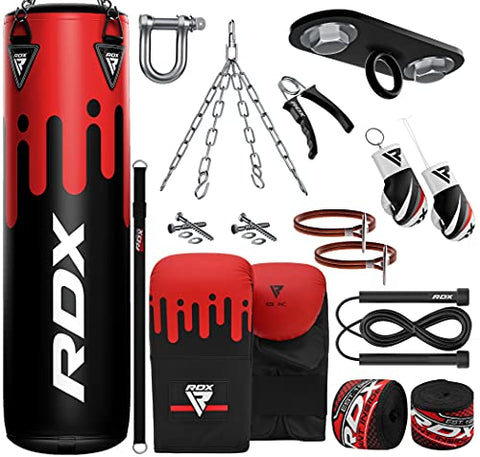 Image of RDX Punching Bag UNFILLED Set Muay Thai Training Gloves with Punch Mitts Hanging Chain, Great for MMA, Kick Boxing, Martial Arts, 4PC Available in 4FT 5FT
