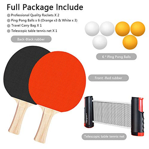 Image of FBSPORT Ping Pong Paddle Set, Portable Table Tennis Set with Retractable Net, 2 Rackets, 6 Balls and Carry Bag for Children Adult Indoor/Outdoor Games, Black