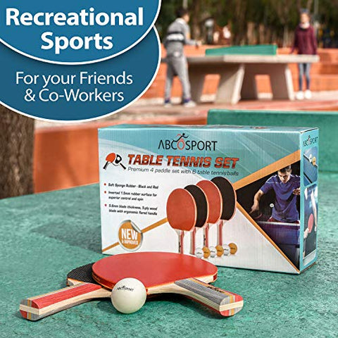 Image of Abco Tech Ping Pong Paddle & Table Tennis Set - Pack of 4 Premium Rackets and 6 Table Tennis Balls - Soft Sponge Rubber - Ideal for Professional and Recreational Games - 2 or 4 Players (3-Star)