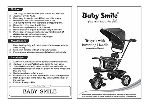 Image of Baby Smile Small Kids Mini Cycle Toys Baby Tricycle | Bicycle For Kids with Canopy Sunroof Protection & Parental Push Handle, Smart Plug & Rubber Wheels Trikes for 1.5 Years to 5 Years Kids, Black & Red