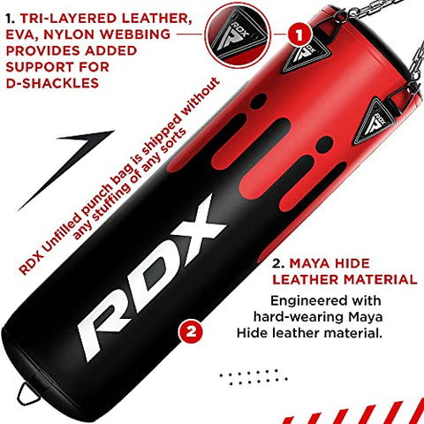 Image of RDX Punching Bag UNFILLED Set Muay Thai Training Gloves with Punch Mitts Hanging Chain, Great for MMA, Kick Boxing, Martial Arts, 4PC Available in 4FT 5FT