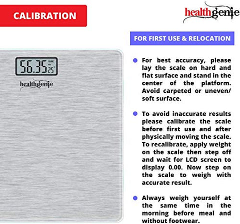 Image of Healthgenie Thick Tempered Glass Lcd Display Digital Weighing Machine , Weight Machine For Human Body Digital Weighing Scale, Weight Scale, with 2 Year Warranty & Batteries Included (Brushed Metallic)
