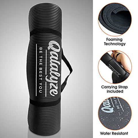 Image of Qatalyze Extra Large and Thick Yoga Mat for Men and Women (6 feet 2.7 inch long, 70 cm wide and 12mm thick), Anti Slip Strong Grip Exercise Mat With Carry Strap for Workout and Gym (Black)