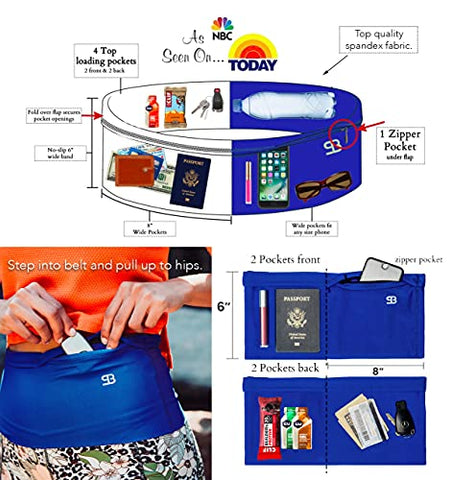 Image of Stashbandz Unisex Running Belt Waist Pack, Travel Money Belt, Fanny Pack, 3 Large Security Pockets Plus 1 Zippered Pocket Fits Phones Passport and More, Extra Wide Spandex, USA Made