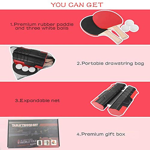Image of ACEBON Sport Ping Pong Paddle Set with Retractable Table Tennis Net, Two Premium Paddles, Three Balls, and Portable Cover Case Bag to Go Anywhere (Red)