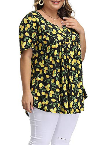 Image of Allegrace Women's Plus Size Floral Blouses Henley V Neck Button Up Tunic Tops Ruffle Flowy Short Sleeve T Shirts P30 Lemon Black 4X