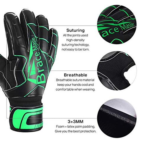 Image of Goalie Gloves with Fingersaves, Black 3+3MM Latex Soccer Gloves Goalkeeper Glove for Youth Kids Adult(Black-Green 10)