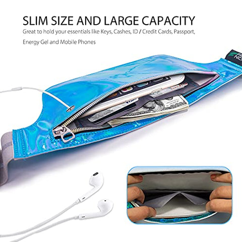 Image of Ultra Slim Fanny Pack Holographic, Water Resistant Hologram Metallic Neon Waist Bag, Upgraded Inner Pockets, Reflective Adjustable Elastic Belt Laser Bum Bag for Rave Festival Travel Party, Neon Blue
