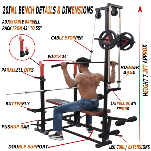 HASHTAG FITNESS Multipurpose 20 in 1 Bench with 20kg to 80kg Gym Set for Home Workout (50kg), Incline