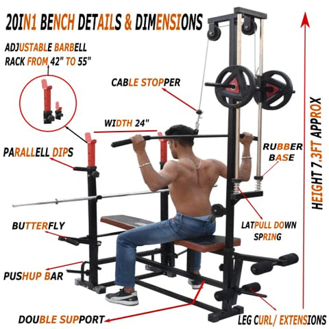 Image of HASHTAG FITNESS Multipurpose 20 in 1 Bench with 20kg to 80kg Gym Set for Home Workout (50kg), Incline
