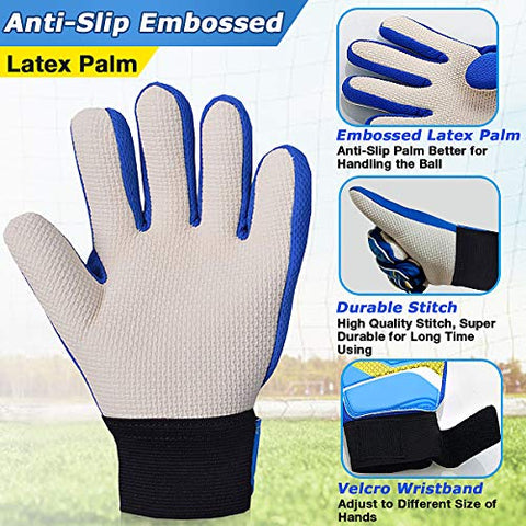 Image of Goalkeeper Goalie Soccer Gloves - Kids & Youth Football Goal Keeper Gloves with Embossed Anti-Slip Latex Palm and Soft PU Hand Back (Blue, 7)