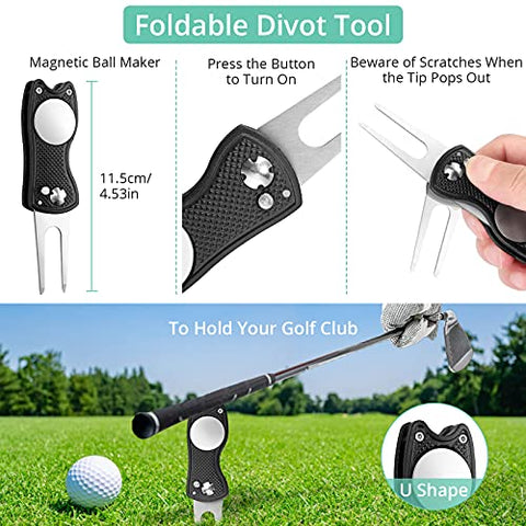 Image of VINTEAM Golf Accessories Gift Set, Golf Towel, Golf Club Brush with Groove Cleaner, Foldable Divot Repair Tool with Ball Marker, Club Groove Cleaner Set and Golf Tee Holder - Golf Club Cleaning Kit