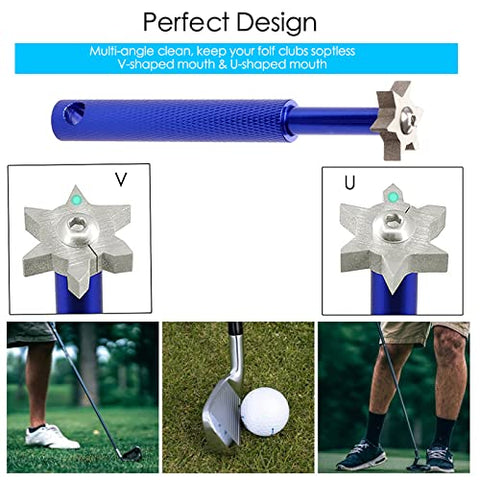 Image of VIPMOON Golf Clean Tool Set,Retractable Golf Club Brush and 2 Golf Club Groove Sharpener for U & V-Grooves, Portable Golf Brush Tool Kits for All Golf Irons for Man (Blue)