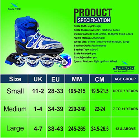 Image of Jaspo Sparkle Adjustable Inline Skates with Front Light up Wheels Beginner Skates Fun Illuminating Roller Skates for Kids Boys and Girls
