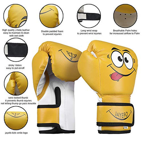 Image of Jayefo Kids Boxing Gloves 4 OZ Training MMA Boys Girls Punching Kick Muay Thai Youth Junior (Yellow, 6 OZ)