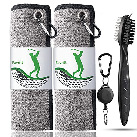 Image of Favritt Golf Towel for Golf Bag with Clip and Accessories Set Golf Cleaning Brush Golf Club Cleaner Golf Gift for Men ,Women, Children