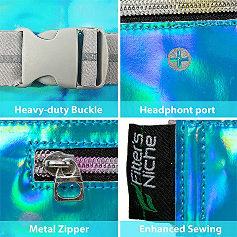 Image of Ultra Slim Fanny Pack Holographic, Water Resistant Hologram Metallic Neon Waist Bag, Upgraded Inner Pockets, Reflective Adjustable Elastic Belt Laser Bum Bag for Rave Festival Travel Party, Neon Blue