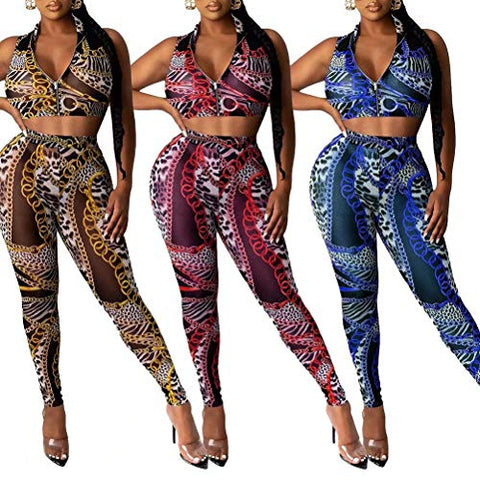 Image of 2 Piece Club Sets for Women Summer - Front Zipper Printed Sleevess Crop Tops High Waisted Skinny Bodycon Pants Suit Sports Tracksuit Clubwear A Blue XL