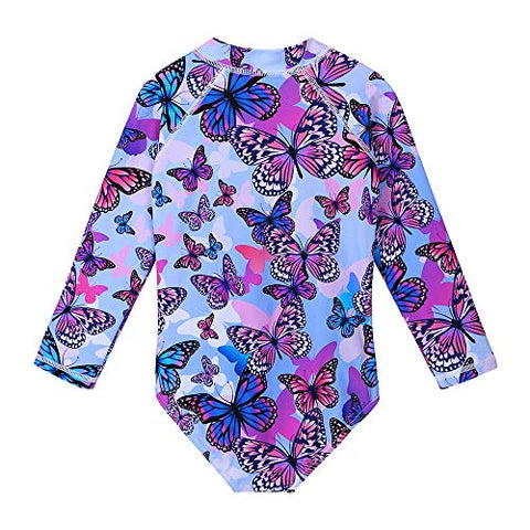 Image of ZNYUNE Girls One Piece Rashguard Swimwear Long Sleeve Swim Suit with Zipper UPF 50+ Sun Protection (PurpleButterfly, for 7-8 Years)