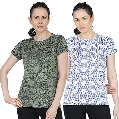 Image of URBAN CIRCUS Polyester Women's Round Neck Half Sleeve Yoga Gym Sports Dryfit Active Wear T Shirt (Green and White Combo, Medium)