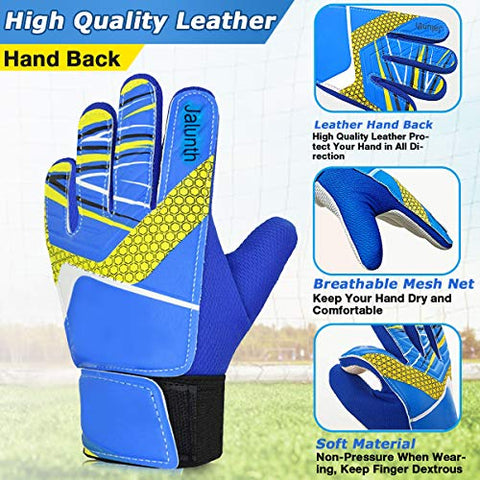 Image of Goalkeeper Goalie Soccer Gloves - Kids & Youth Football Goal Keeper Gloves with Embossed Anti-Slip Latex Palm and Soft PU Hand Back (Blue, 7)