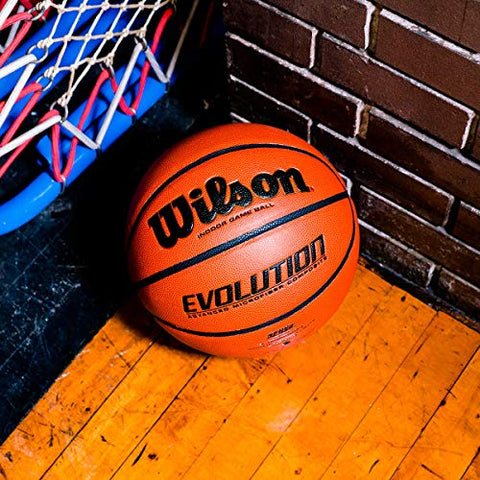 Image of Wilson Rubber with Pebbled Composite Leather Evolution Indoor Game Basketball, Official Size (29.5"), Black, Orange