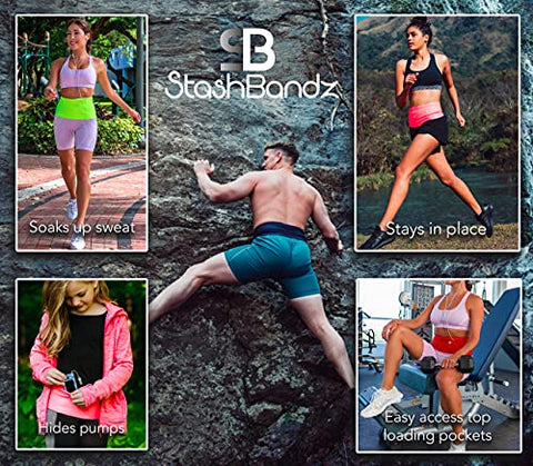 Image of Stashbandz Unisex Running Belt Waist Pack, Travel Money Belt, Fanny Pack, 3 Large Security Pockets Plus 1 Zippered Pocket Fits Phones Passport and More, Extra Wide Spandex, USA Made