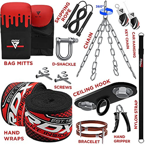 Image of RDX Punching Bag UNFILLED Set Muay Thai Training Gloves with Punch Mitts Hanging Chain, Great for MMA, Kick Boxing, Martial Arts, 4PC Available in 4FT 5FT