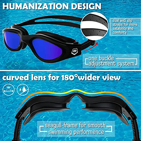 Image of Polarized Swimming Goggles,Anti Fog Anti UV No Leakage Clear Vision Easy to Adjust,with Soft Nose Bridge for Men Women Adults Teenagers (All Black/Blue Polarized Mirrored Lens)
