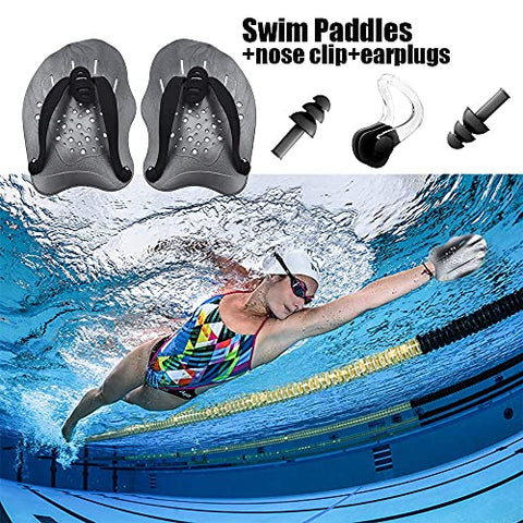 Image of Vsidea Swim Training Hand Paddles with Ear Plugs and Nose Clip, Adjustable Straps Contour Swimming Paddles for Women Men and Children Professional Swimming Accessories (Silver)