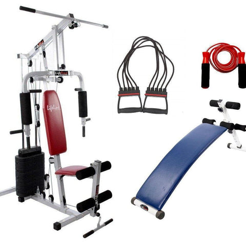 Image of Lifeline Multi Station Home Gym 002 For Workout At Home Bundles With Chest Expander, Skipping Rope and Fitness Curve Bench 5501A || Available on EMI-IMFIT