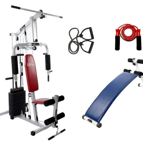 Image of Lifeline Home Gym Machine 002 For Workout At Home Bundles With Resistance Band, Skipping Rope and Exercise Curve Bench 5501A || Available on EMI-IMFIT