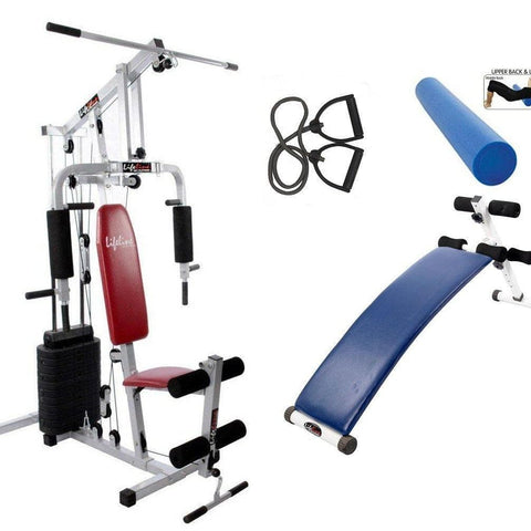Image of Lifeline Home Gym Machine 002 For Workout At Home Bundles With Resistance Band, Full Round Foam Roller and Fitness Curve Bench 5501A || Available on EMI-IMFIT