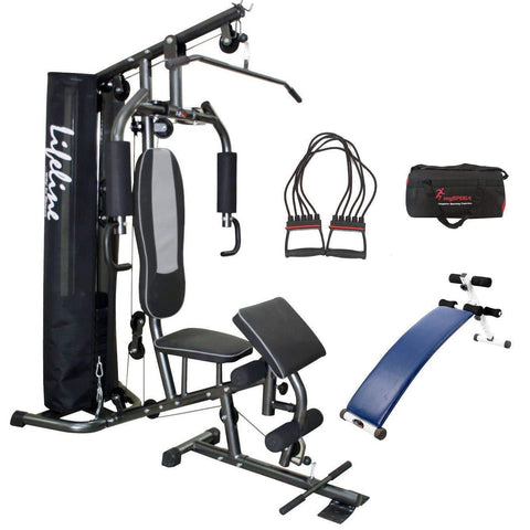 Image of Lifeline Home Gym Set Deluxe 005 For Workout At Home Bundles With Chest Expander, Gym Bag and Exercise Curve Bench 5501A || Available on EMI-IMFIT