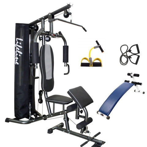 Image of Lifeline Home Gym Set Deluxe 005 For Workout At Home Bundles With Resistance Band, Pull Reducer and Exercise Curve Bench 5501A || Available on EMI-IMFIT