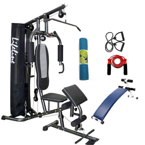 Image of Lifeline Home Gym Station Deluxe 005 For Workout At Home Bundles With Resistance Band, Skipping Rope, Yoga Mat and Exercise Curve Bench 5501A || Available on EMI-IMFIT
