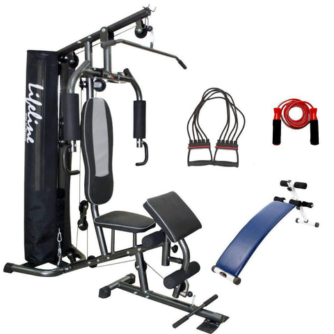 Image of Lifeline Home Gym Setup Deluxe 005 For Workout At Home Bundles With Chest Expander, Skipping Rope and Gym Curve Bench 5501A || Available on EMI-IMFIT