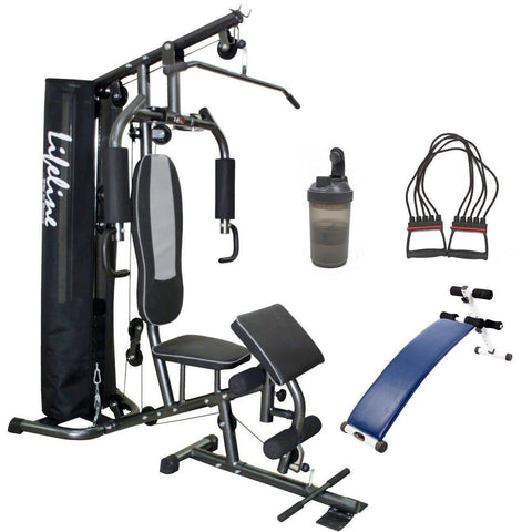 Image of Lifeline Home Gym Machine Deluxe 005 For Workout At Home Bundles With Chest Expander, Shaker Bottle and Gym Curve Bench 5501A || Available on EMI-IMFIT