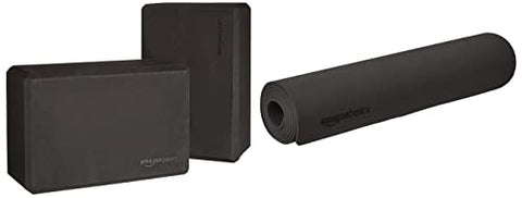 Image of AmazonBasics Foam Yoga Blocks - 4 x 9 x 6 Inches, Set of 2, Black and AmazonBasics 6 mm Thick TPE Yoga Mat, Black
