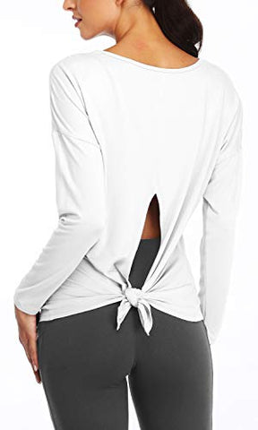 Image of Fofitness Women's Running Long Sleeve T Shirt Workout Knotting Back Tee Activewear Top White