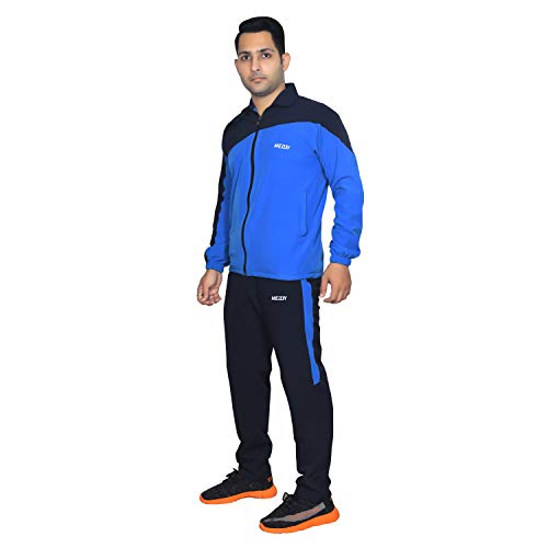 Meddy Sports Track Suit for Men in Blue- Solid Pattern, Collar Jacket, Full Sleeves, with Chain, Full Length Pant (Large)