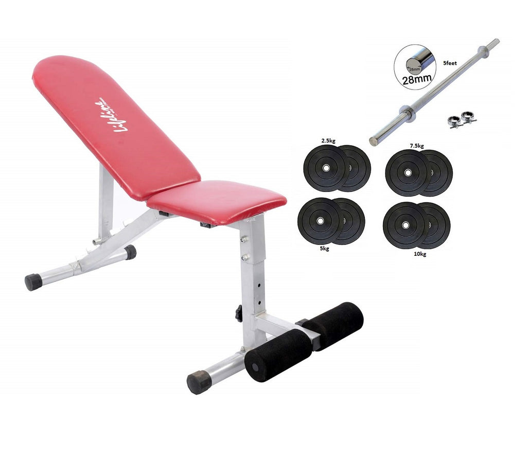 Lifeline 311A Adjustable Gym Bench + Weight Plates + 5ft Rods