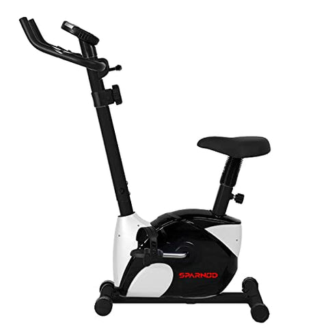 Image of SPARNOD FITNESS SUB-52 Upright Exercise Bike for home gym - LCD Display, Height Adjustable Seat, Compact design 4Kg Flywheel and Heart Rate Sensors Perfect Cardio Exercise Cycle Machine (Black/White)