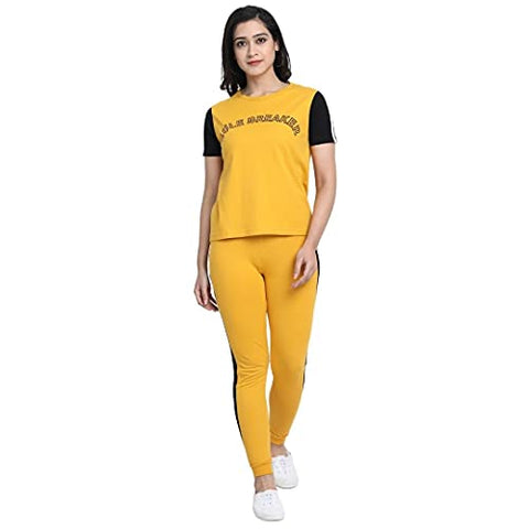 Image of JUNEBERRY Cotton Half Sleeve & Track Pants Co-Ords Track Suit Set for Women and Girls (CO_01_YLW_Rule_S_Yellow_Small)