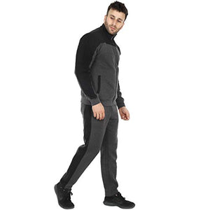 SAAVA Men's Knitted Poly Cotton Charcoal Milange & Black Fleece Tracksuit_L