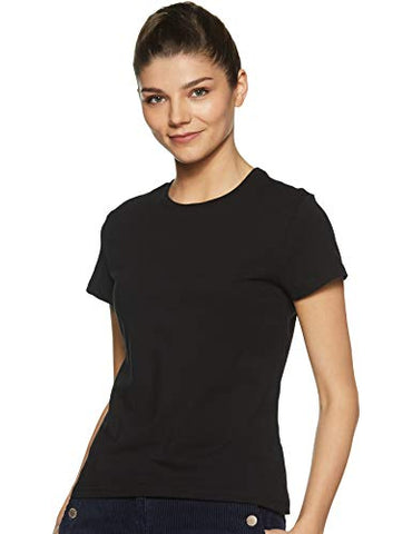 Image of Amazon Brand - Symbol Women's Solid Regular Fit Half Sleeve T-Shirt (RN-PO2-COMBO12_Lavendar & Black_Small) (Combo Pack of 2)