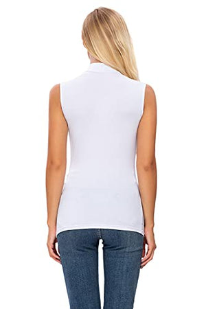 Women's Summer Sleeveless Mock Turtleneck Top Stretch Soft Slim Fit T Shirt White