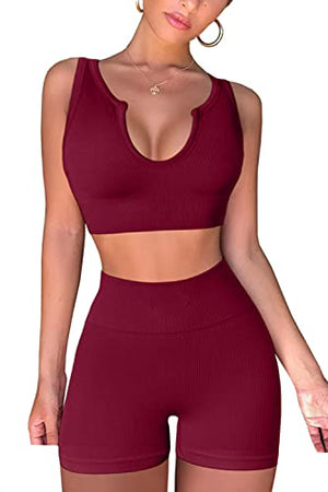 FAFOFA Active Wear Outfits for Women 2 Piece Sets Athletic Seamless Leggings and Ribbed Sport Bra Sets Wine M