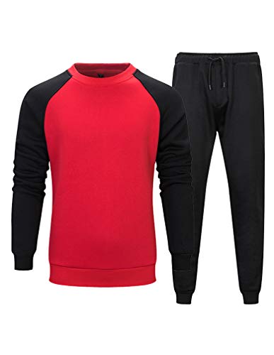Lavnis Men's Casual Tracksuit Long Sleeve Running Jogging Athletic Sports Shirts and Pants Set M Red